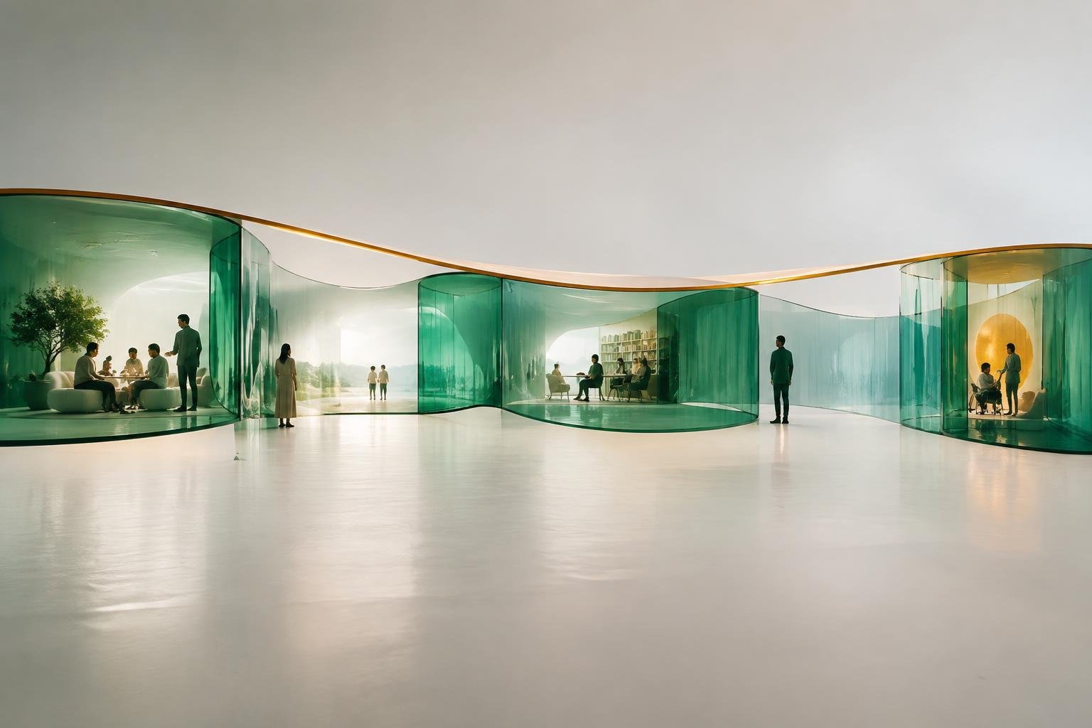 Luminous glass architecture representing the Milap Foundation campaign system