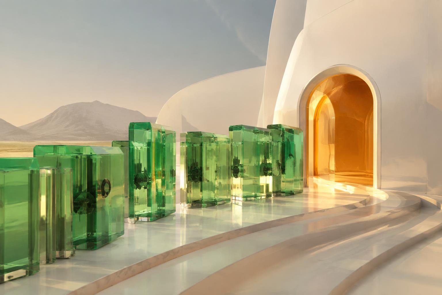 Sculptural glass installation representing a connected digital growth system