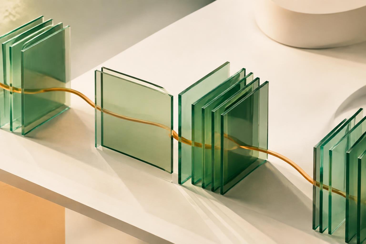 Abstract green and amber glass refracting light